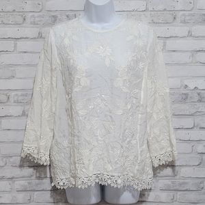 Zara Woman Floral Embroidered Lace Trim Keyhole Tunic Blouse